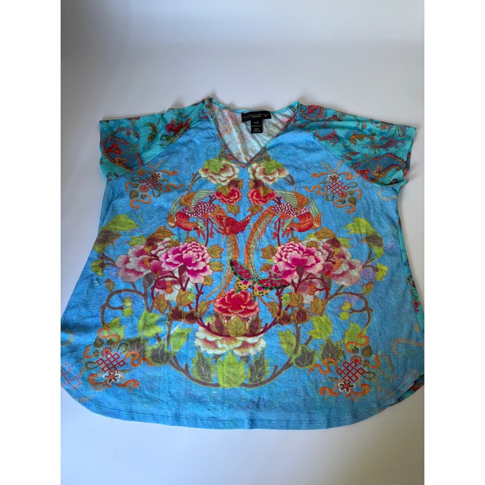 Vtg 90s Y2K Venezia Lane Bryant Made in USA Turquoise Paisley Tunic Top 18/20